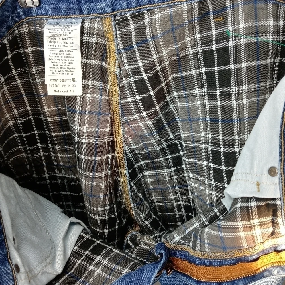 Carhartt B172 DST Relaxed Fit Plaid Flannel Lined Straight Leg blue Jeans Men 38
